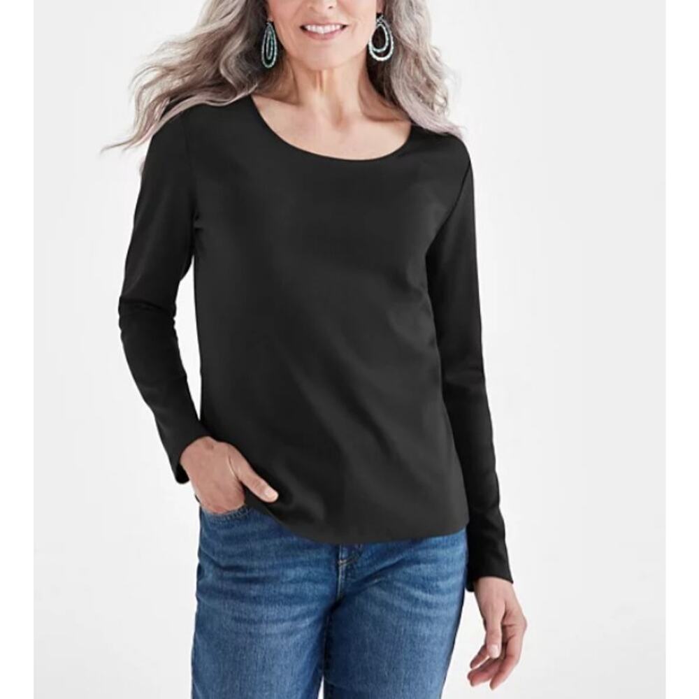 Style & Co Women's Cotton Long-Sleeve Scoop-Neck Top Deep Black Size M